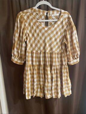 Mustard Seed Yellow and White Gingham Tiered Dress